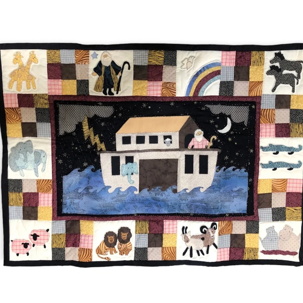 Vintage 90’s Hand Stitched Noah’s Ark Tapestry Wall Hanging Signed